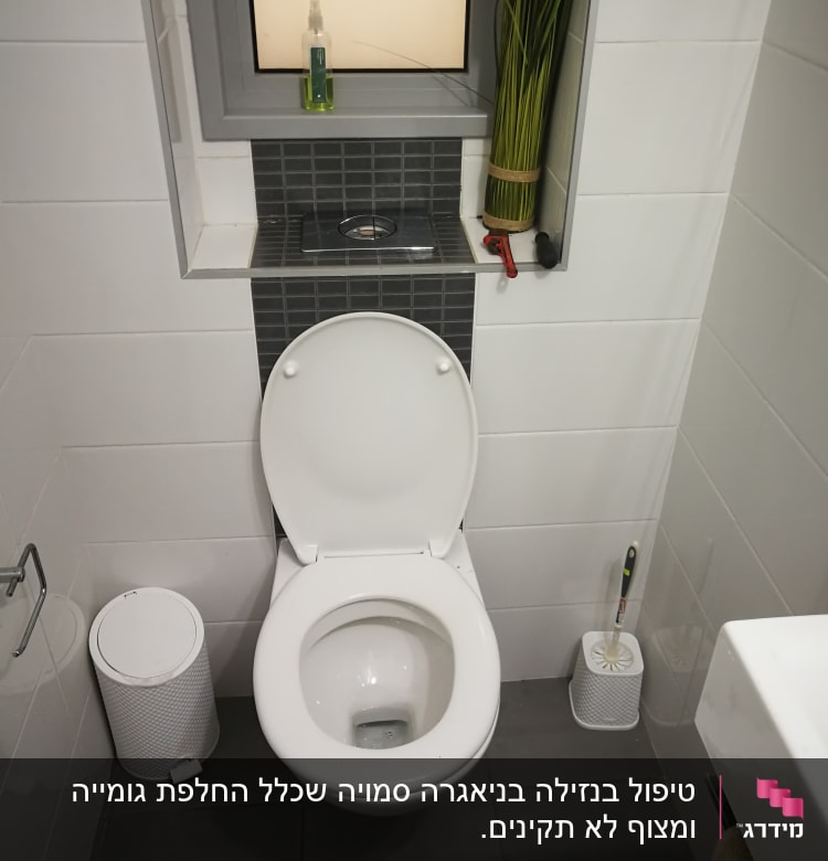 אסלה עם מברשת ניקוי וכלי עבודה ליד חלון